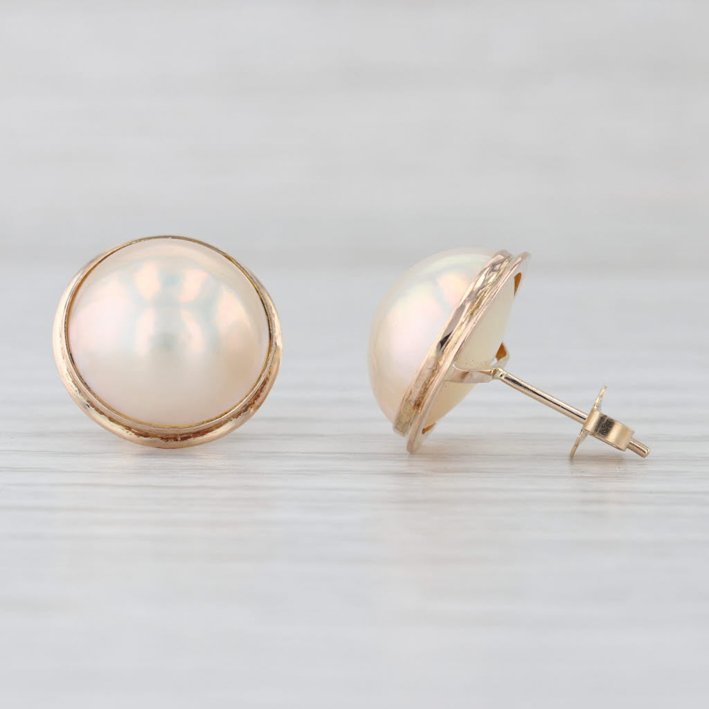Mabe Pearl Button Stud Earrings 14k Yellow Gold Round Studs