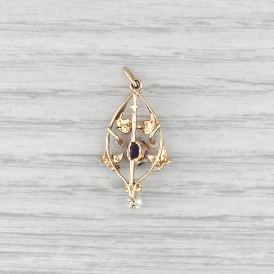Vintage Seed Pearl 0.26ct Amethyst Pendant 14k Yellow Gold Charm
