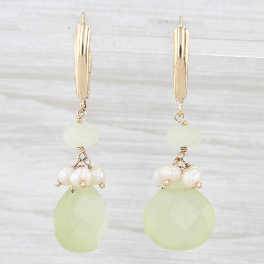 Light Gray Green Chalcedony Cultured Pearl Dangle Earrings 14k Yellow Gold Lever Backs