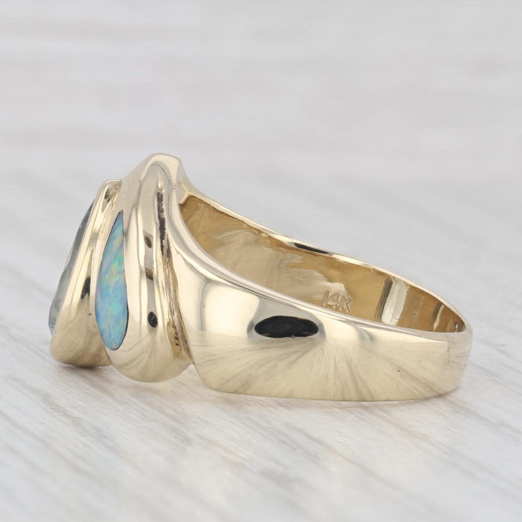 Light Gray Pear Aquamarine Opal Ring 14k Yellow Gold Size 6.75