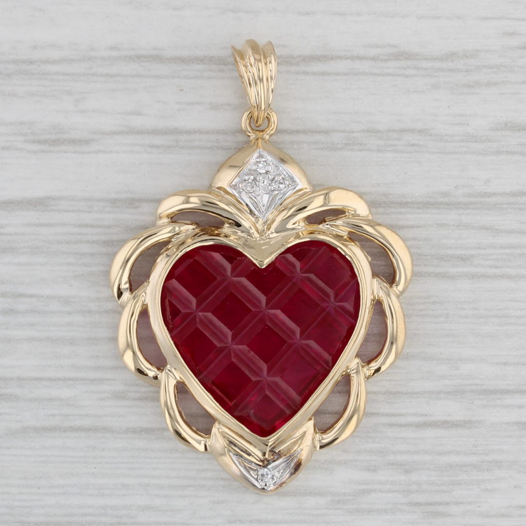 Gray Lab Created Ruby Diamond Heart Pendant 14k Yellow Gold Statement