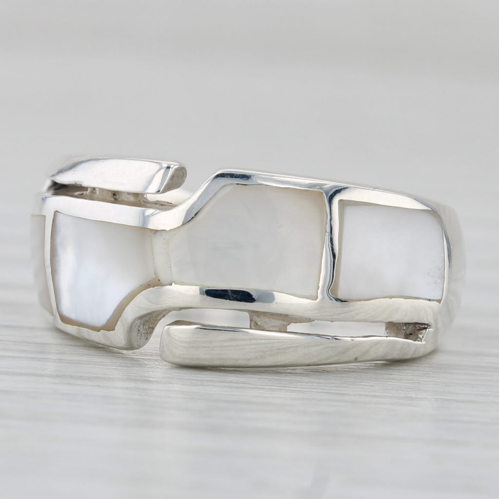 Gray Mother of Pearl Bypass Statement Ring Sterling Silver Size 5.5 Statement Band