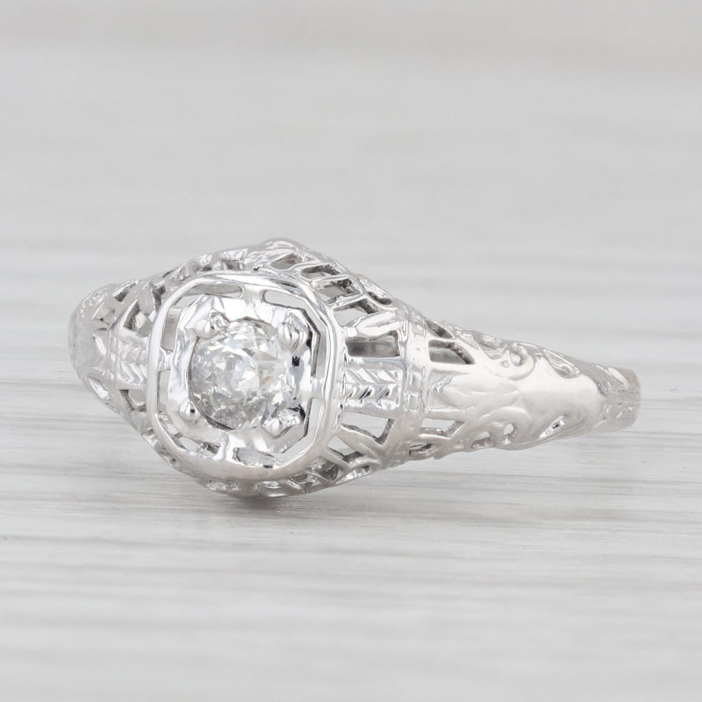 Light Gray Vintage Old European Diamond Solitaire Ring 14k White Gold Filigree Size 7.75