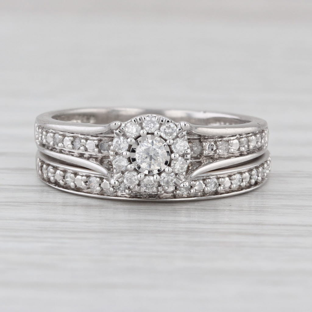 0.22ctw Diamond Halo Engagement Ring Wedding Band Sz 7 10k White Gold Bridal Set