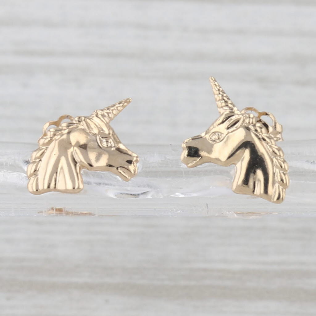 Unicorn Stud Earrings 14k Yellow Gold Studs Child's Small Lightweight Whimsical