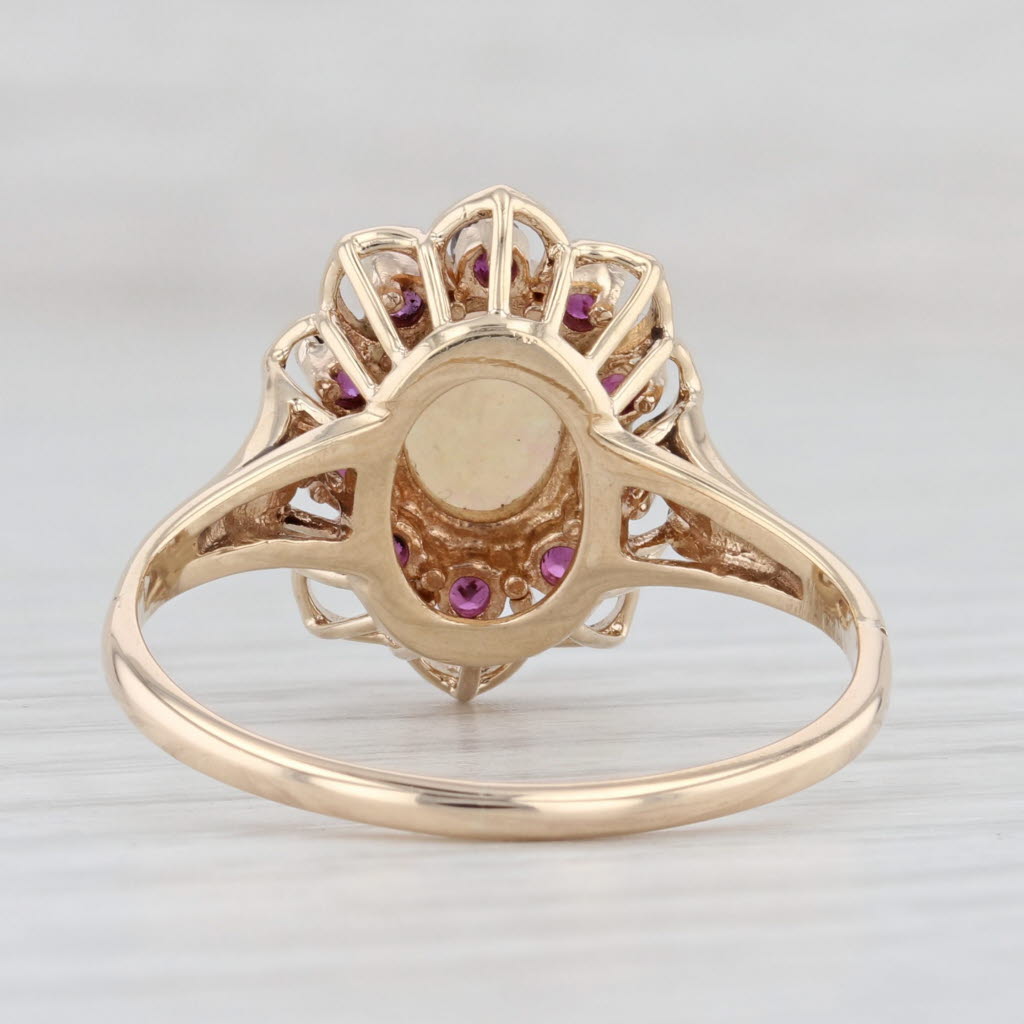 Light Gray Opal Ruby Halo Flower Ring 14k Yellow Gold Size 10.5 Oval Cabochon