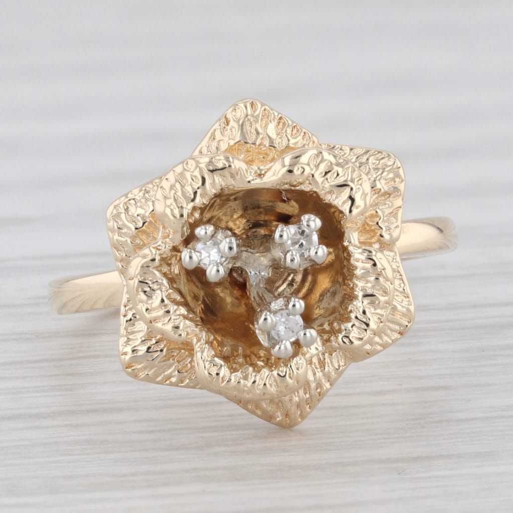 Light Gray Diamond Flower Ring 14K Yellow Gold Size 5 Vintage Floral 3-Stone Cluster