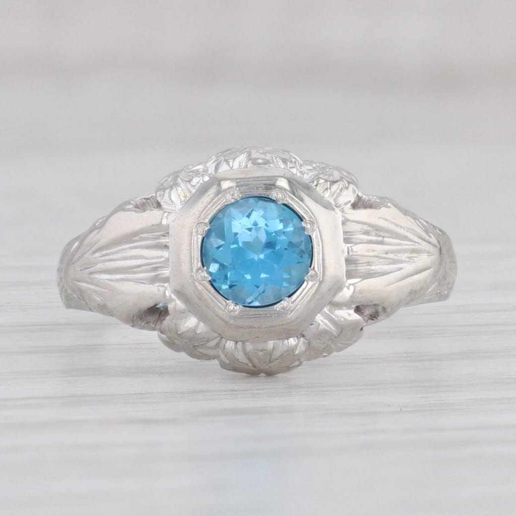 Light Gray 0.80ct Blue Topaz Round Solitaire Ring 18k White Gold Size 7.25 Floral