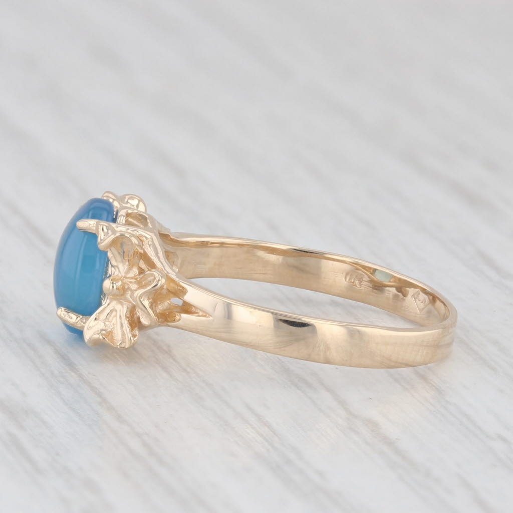 Light Gray Oval Cabochon Blue Chalcedony Solitaire Flower Ring 10k Yellow Gold Size 6.25