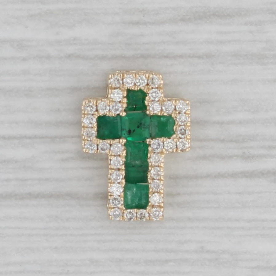 Gray Tiny 0.26ctw Emerald Diamond Cross Pendant 14k Yellow Gold Floating Drop