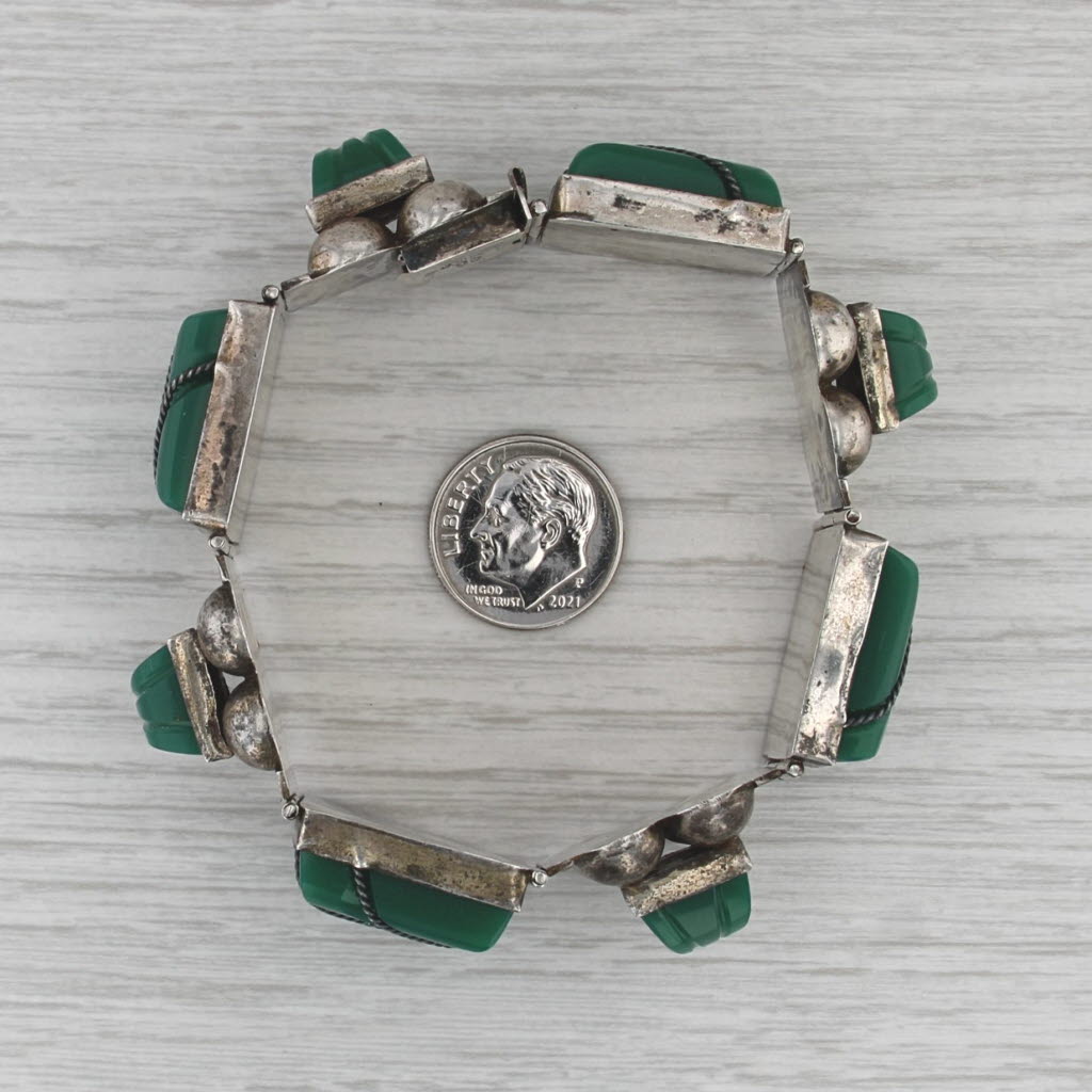 Vintage Green Glass Sterling Silver Mexico 7" Carved Tibal Faces Statement