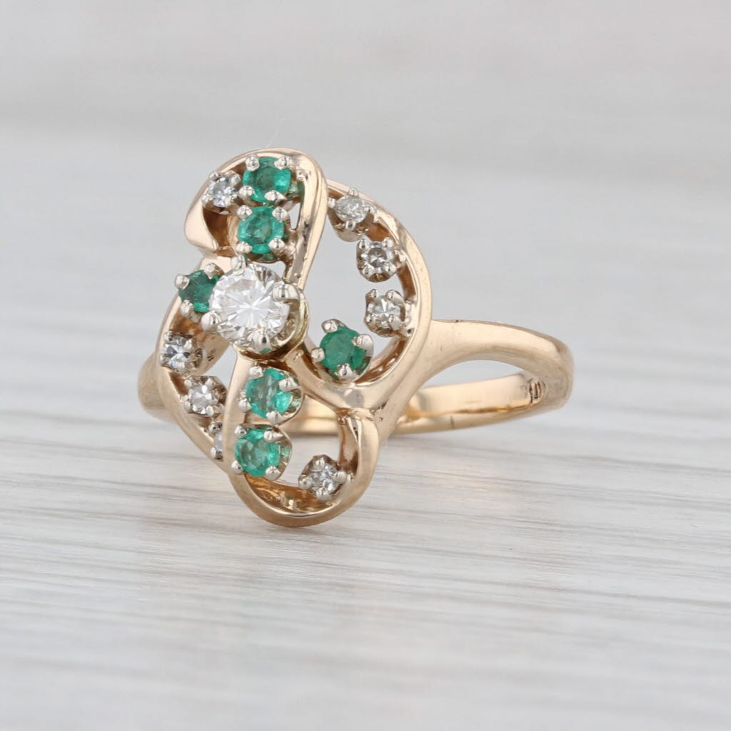 0.30ctw Diamond Emerald Swirl Ring 14k Yellow Gold Abstract Cross Size 4.25