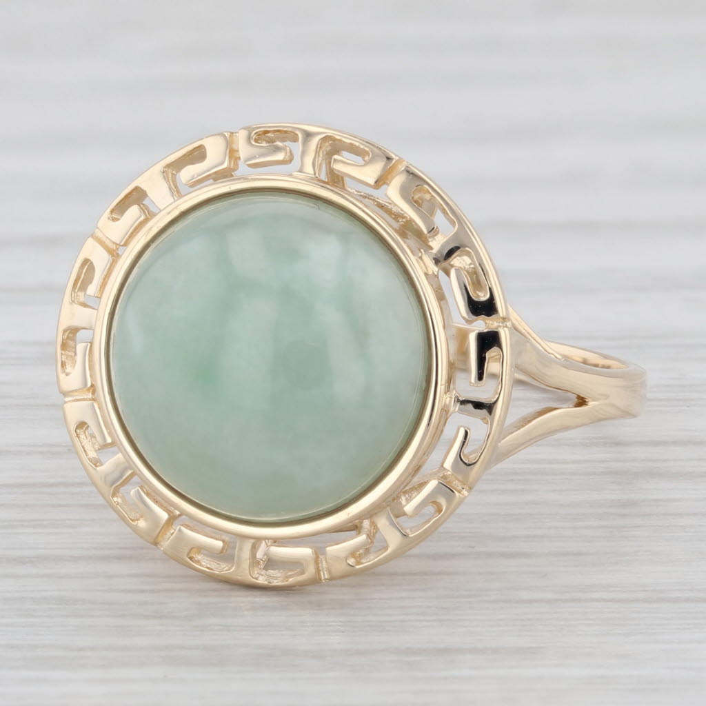 Gray Jadeite Jade Cabochon Solitaire Ring 14k Yellow Gold Size 8.25 Greek Key Frame