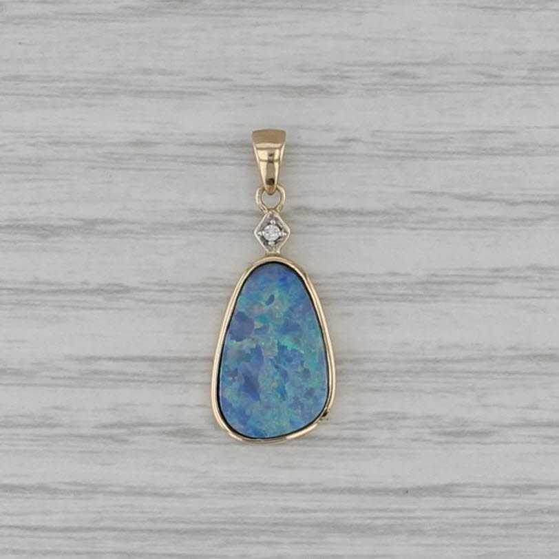 Blue Green Opal Diamond Pendant 14k Yellow Gold Doublet Drop