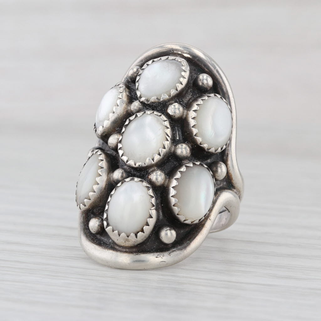 Southwestern Mother of Pearl Cluster Statement Ring Sterling Silver Size 8.75