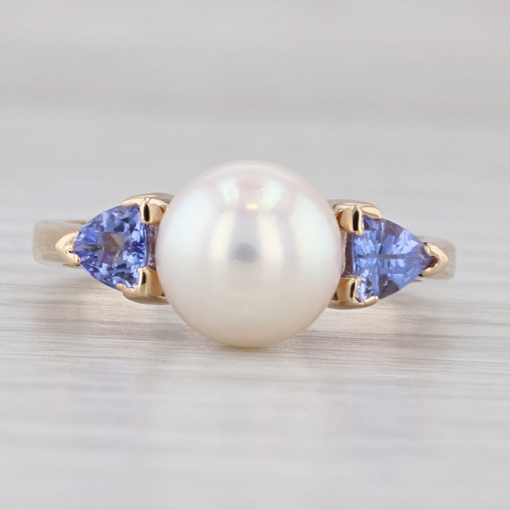 Light Gray 0.44ctw Tanzanite Cultured Pearl Ring 14k Yellow Gold Size Euro Shank Size 6.75