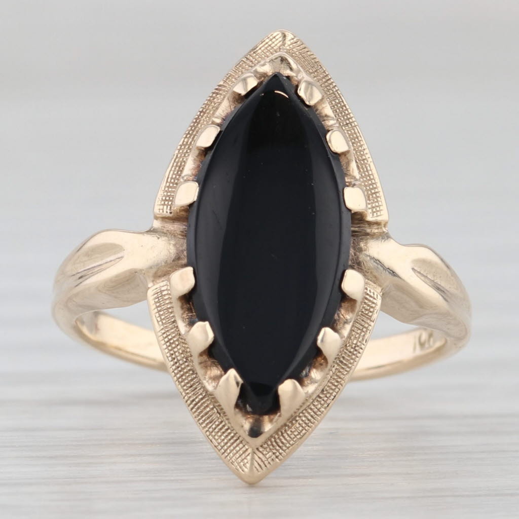 Vintage Onyx Navette Signet Ring 10k Yellow Gold Size 4