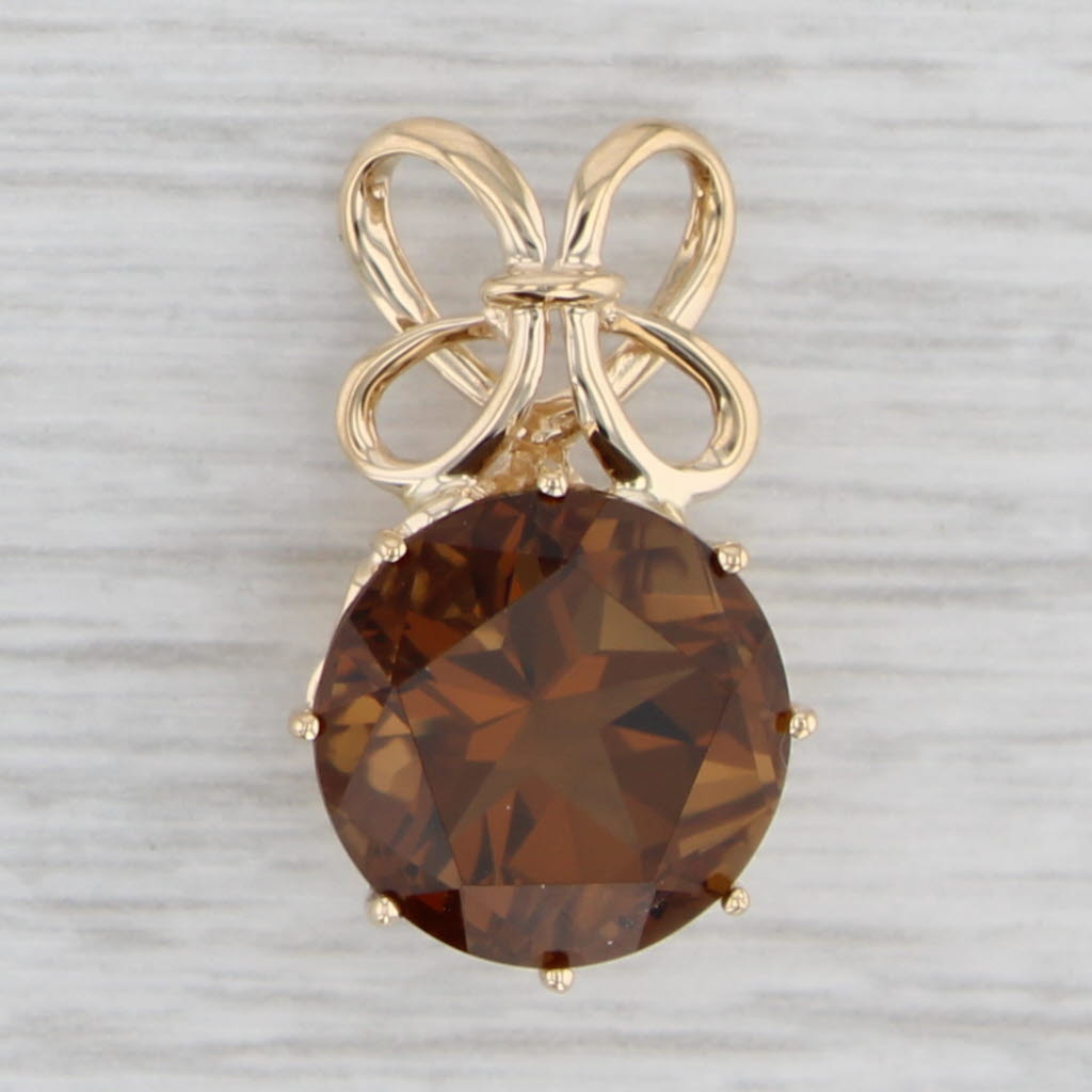 Gray Brown Orange Citrine Pendant 14k Yellow Gold Round Solitaire