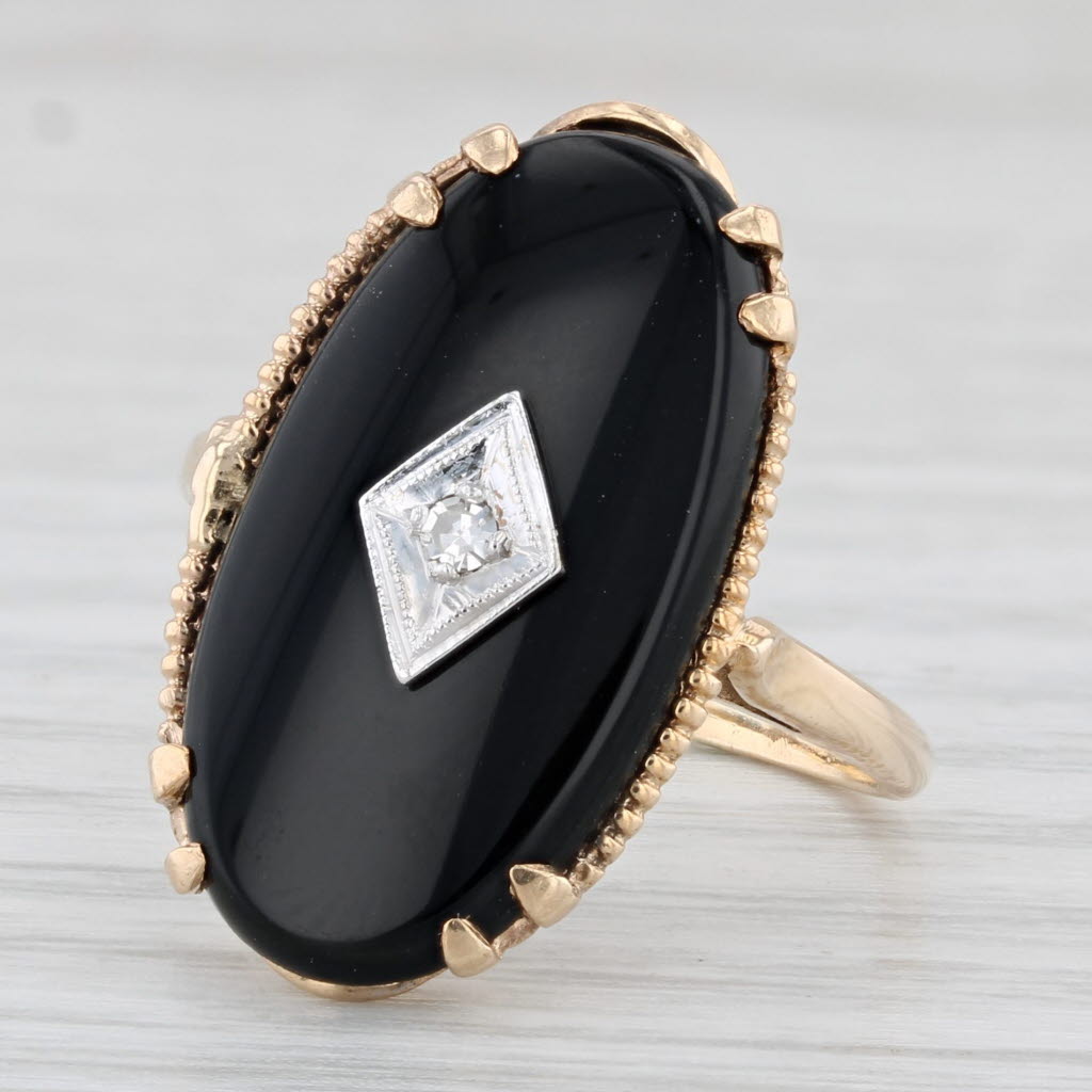 Dark Slate Gray Vintage Oval Onyx Diamond Signet Ring 10k Yellow Gold Size 7.75