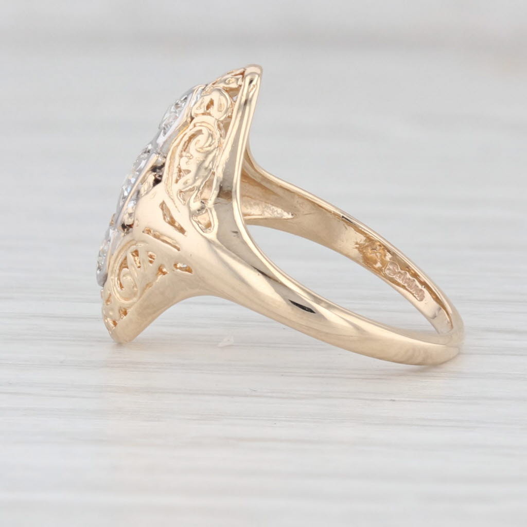 Light Gray Vintage Diamond 3-Stone Ring 14k Yellow Gold Filigree Size 4.5