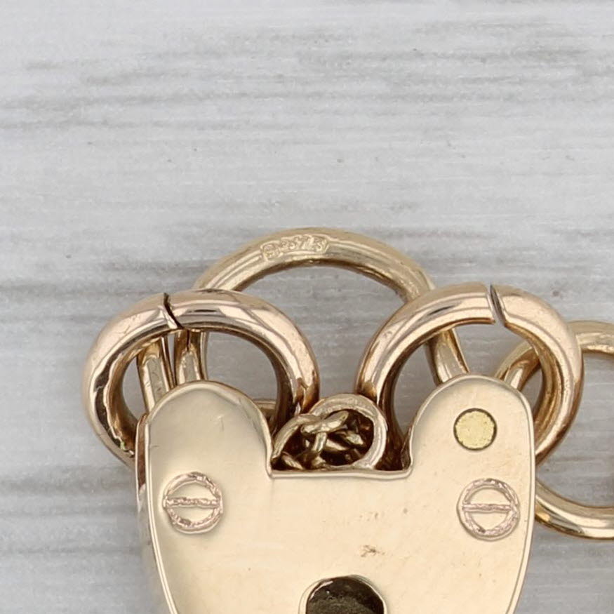 Gray Vintage Gate Link Chain Charm Bracelet Heart Padlock Clasp 9k Gold British 7.5"