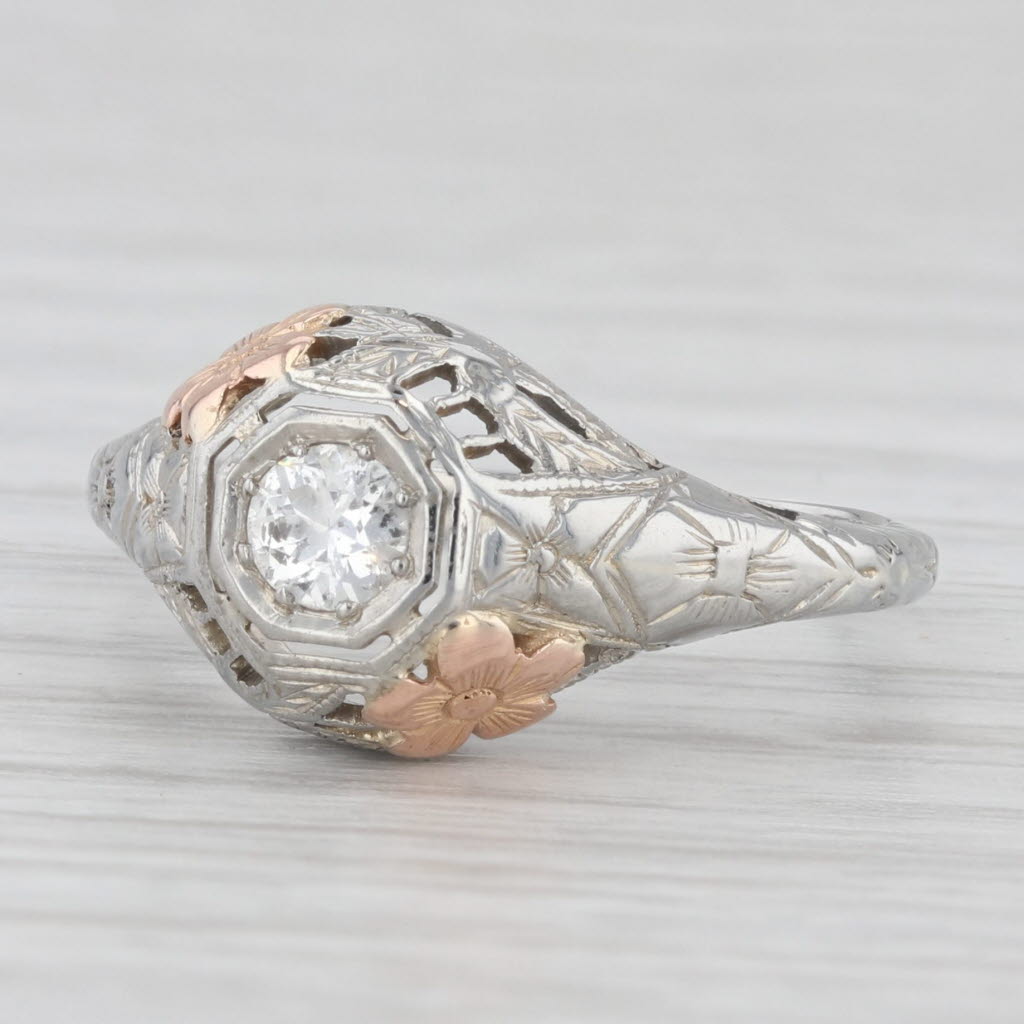 Light Gray Art Deco 0.20ct Diamond Solitaire Ring 18k White Rose Gold Floral Filigree Sz 5