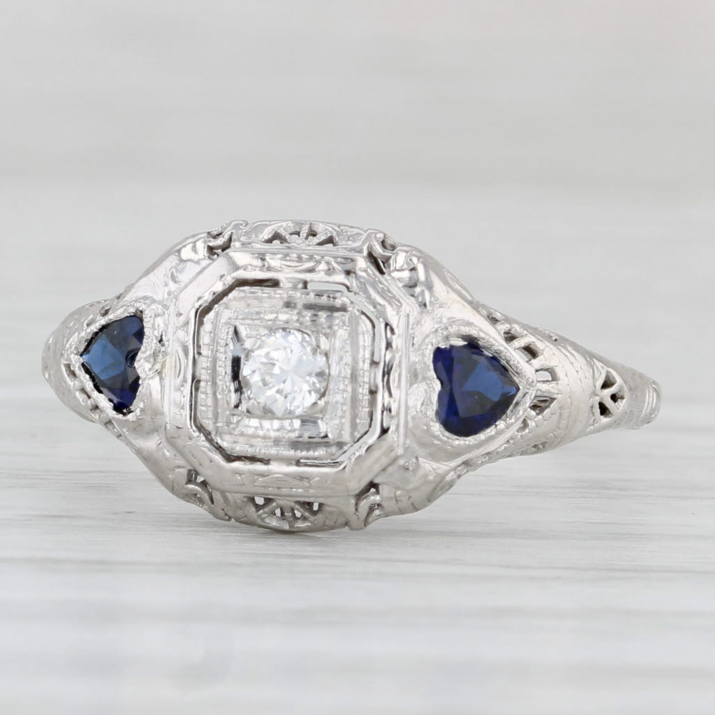 Light Gray Vintage Art Deco Diamond Lab Created Sapphire Hearts Ring 18k Gold Engagement