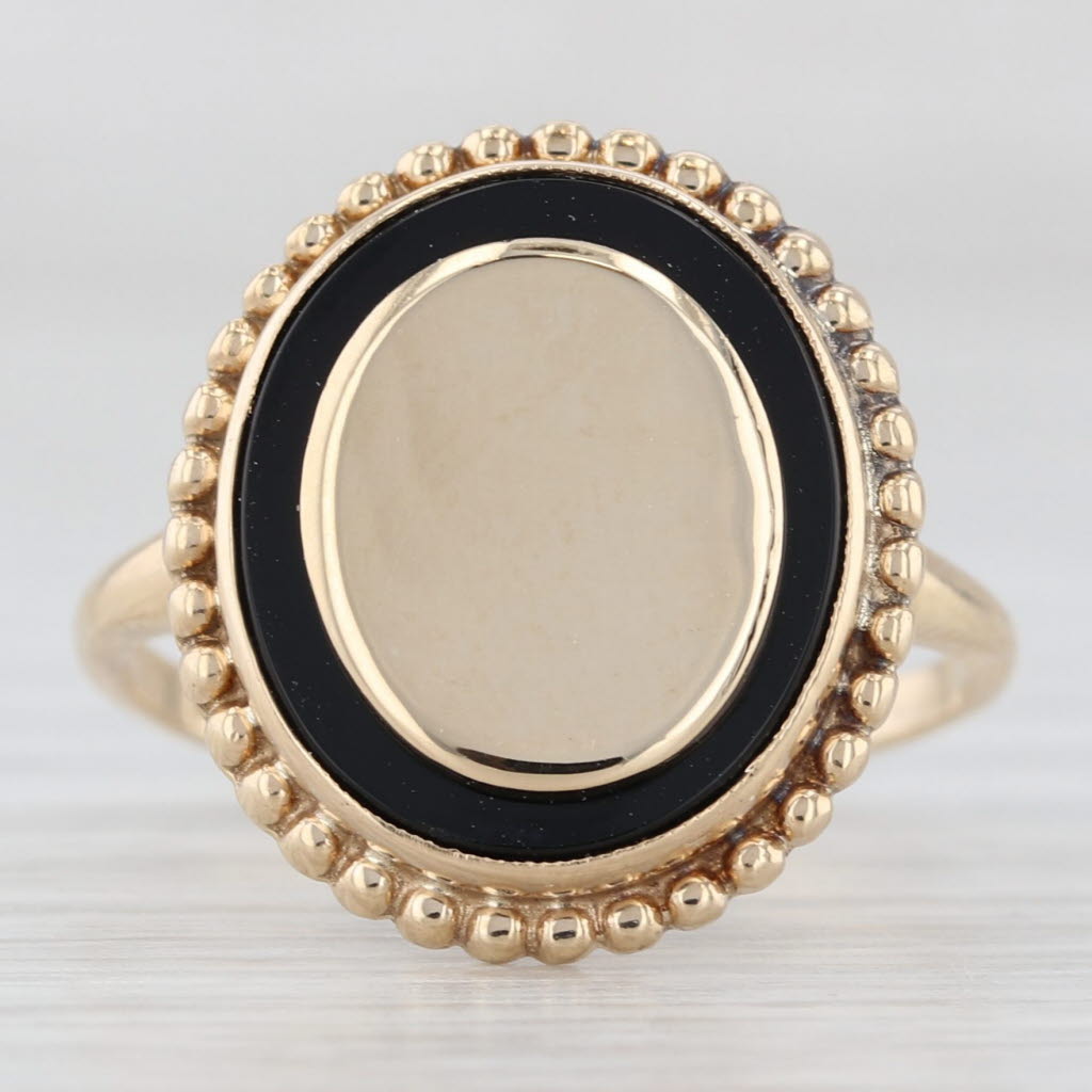Light Gray Engravable Signet Ring 10k Yellow Gold Size 6.25 Black Glass