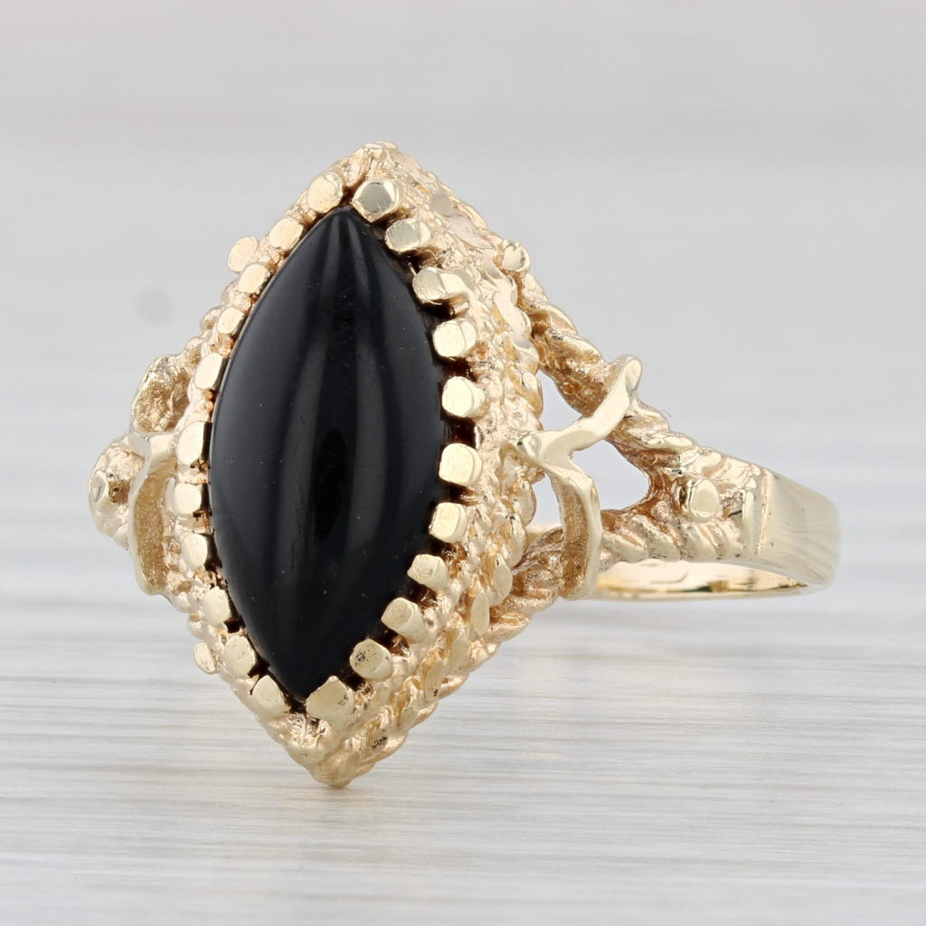 Light Gray Marquise Cabochon Onyx Solitaire Ring 14k Yellow Gold Size 10