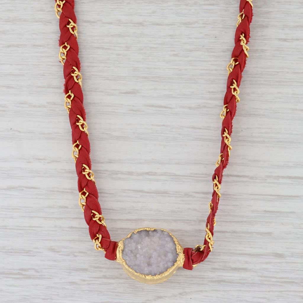 New Cordelia Nina Wynn Necklace White Druzy Woven Red Leather Gold Vermeil