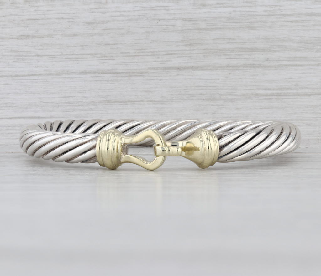 6.5" Cable Bangle Bracelet Sterling Silver 14k Gold Hook Clasp 7.3mm
