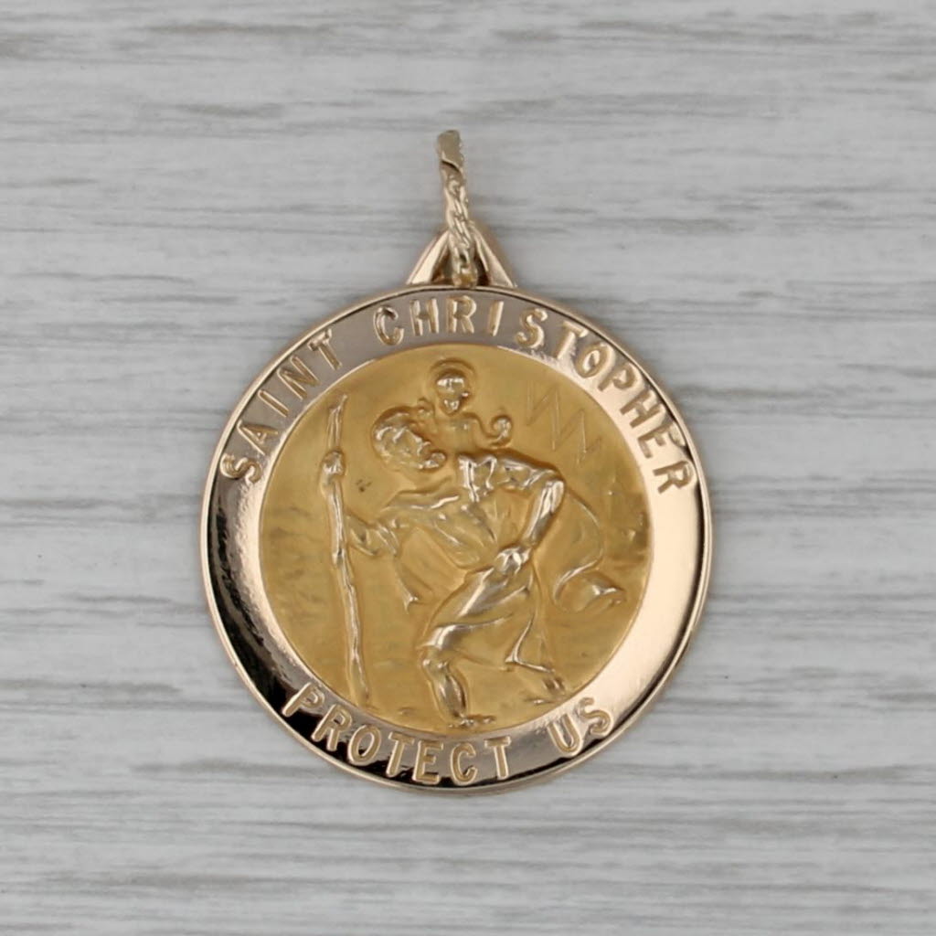 Large Saint Christopher Medallion Pendant 14k Yellow Gold Catholic Token