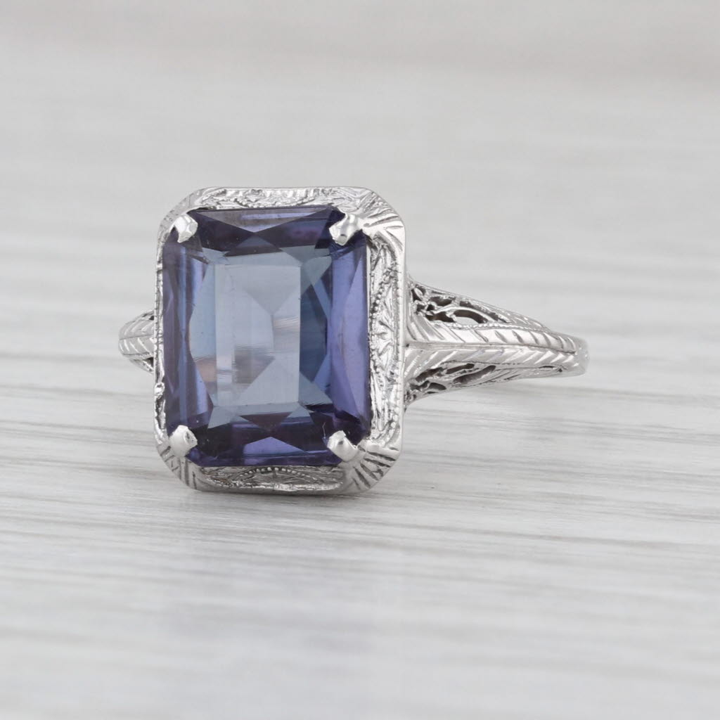 Art Deco 3.90ct lab Created Color Change Sapphire Solitaire Ring 18k White Gold