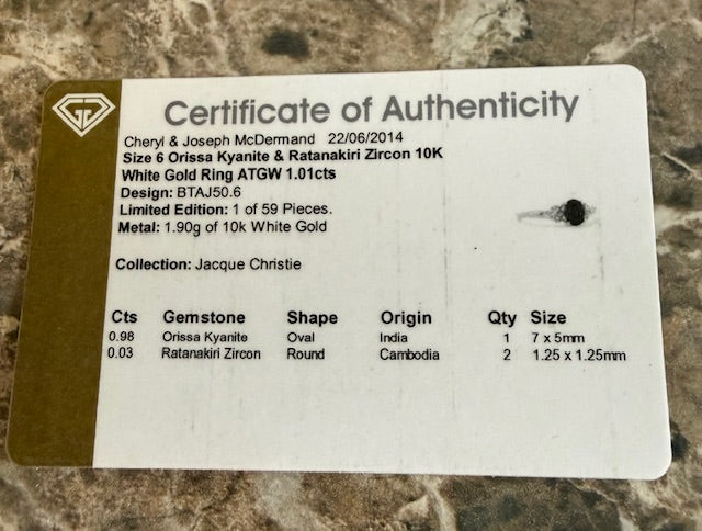 1.01ctw Oval Blue Kyanite Zircon Ring 10k White Gold Size 6.25 Heart Accents COA