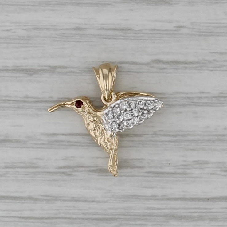 0.19ctw Diamond Ruby Hummingbird Pendant 14k Yellow Gold Small Drop