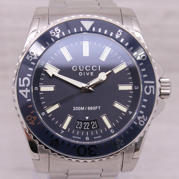 Gucci 200M Diver 45mm Stainless Steel Mens Quartz Watch w/ Date 136.2 Blue