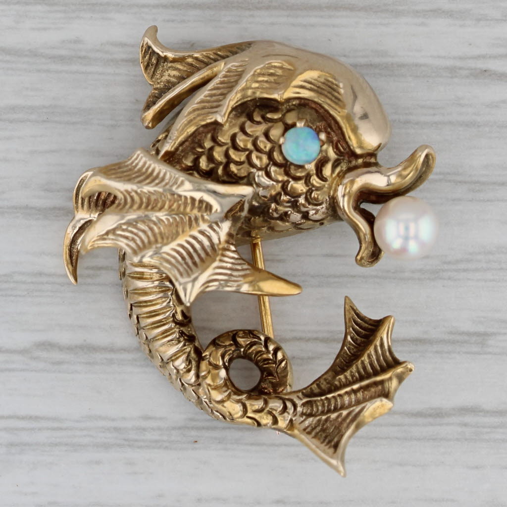 Dark Gray Vintage Ornate Winged Flying Fish Opal Cultured Pearl Brooch 14k Gold Pin