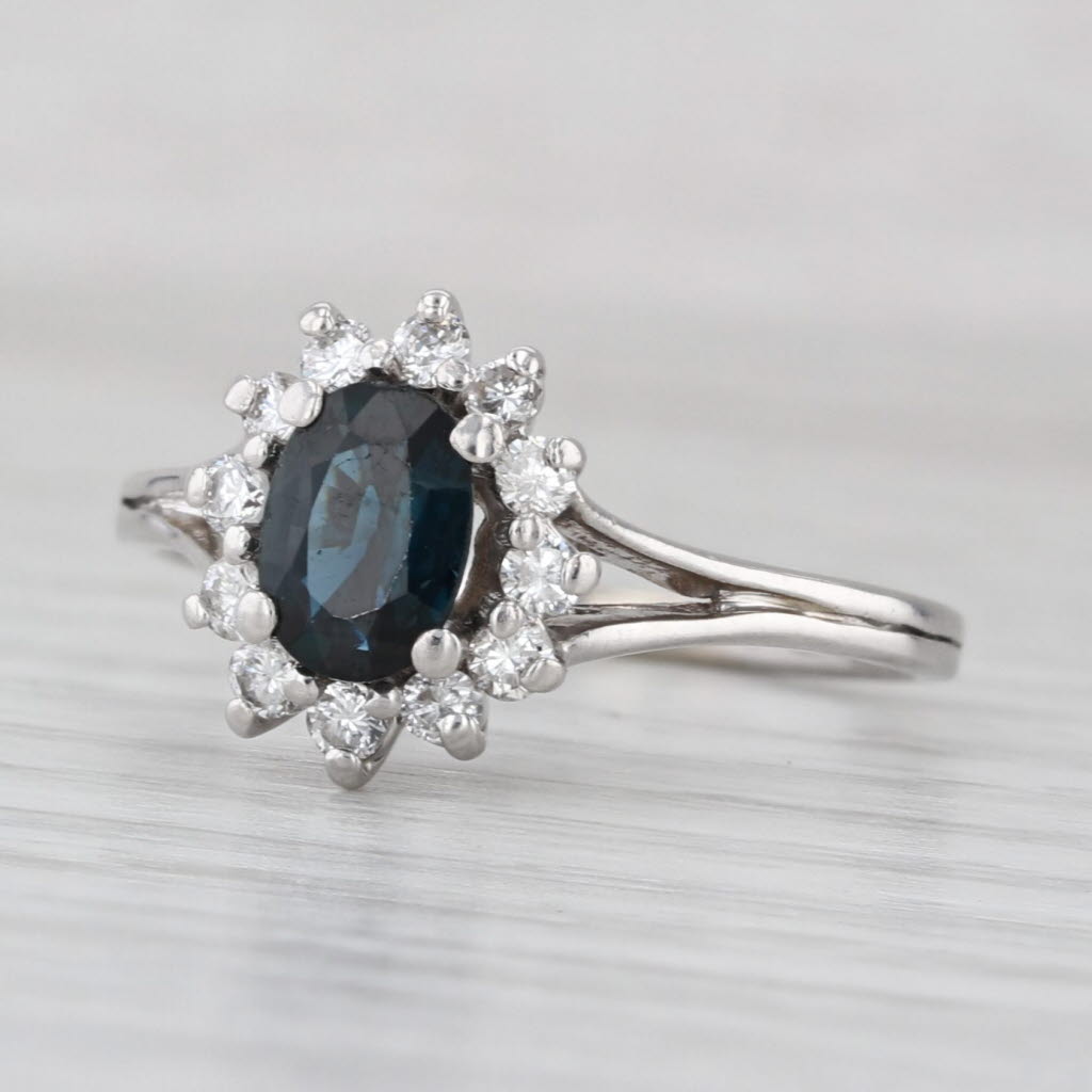 1.36ctw Blue Sapphire Diamond Halo Ring 14k White Gold Engagement Size 8.25