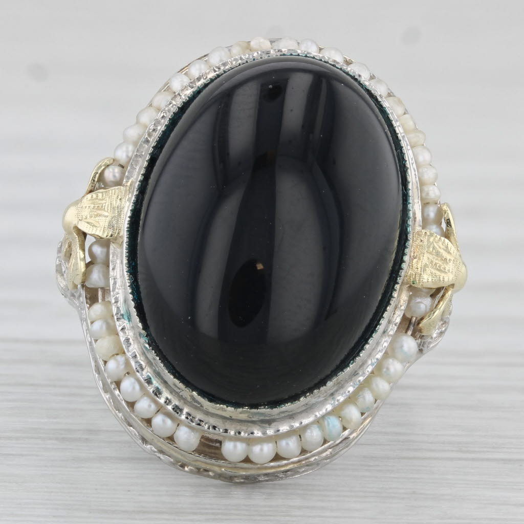 Light Gray Vintage Onyx Oval Cabochon Seed Pearls Ring 10k Gold Floral Filigree Size 4.75