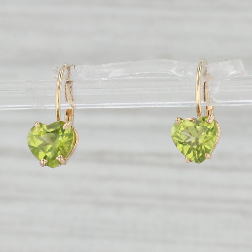 Light Gray 2ctw Peridot Heart Drop Earrings 14k Yellow Gold Leverbacks August Birthstone