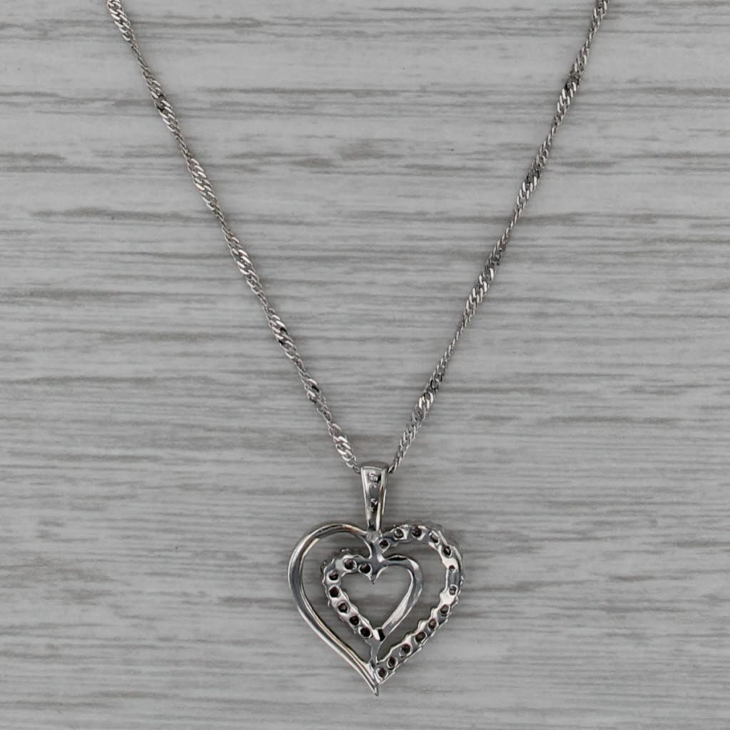 0.20ctw Diamond Double Openheart Pendant 10k White Gold 18" Singapore Chain