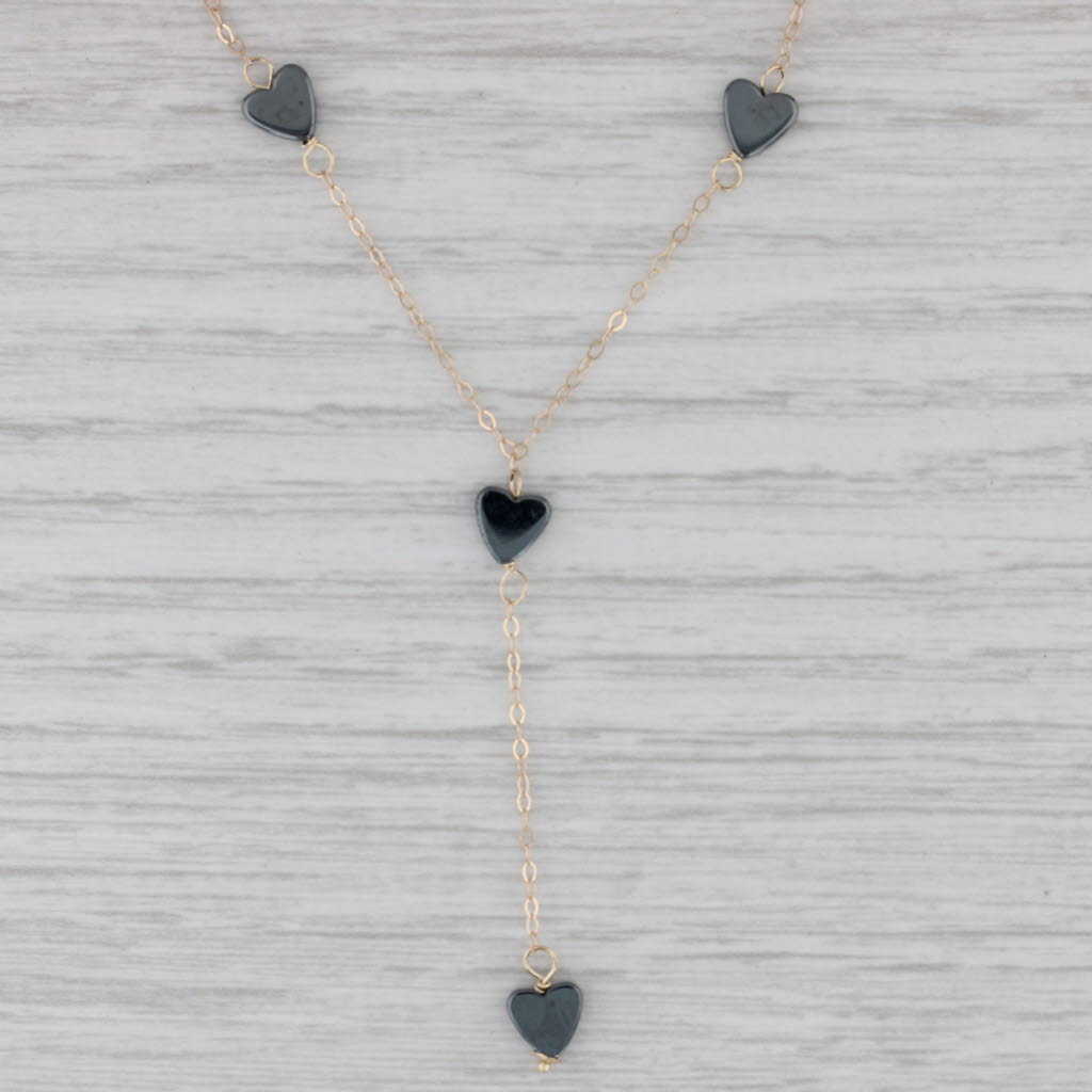 Gray Black Gray Hematite Hearts Lariat Necklace 14k Yellow Gold 16.25" Cable Chain