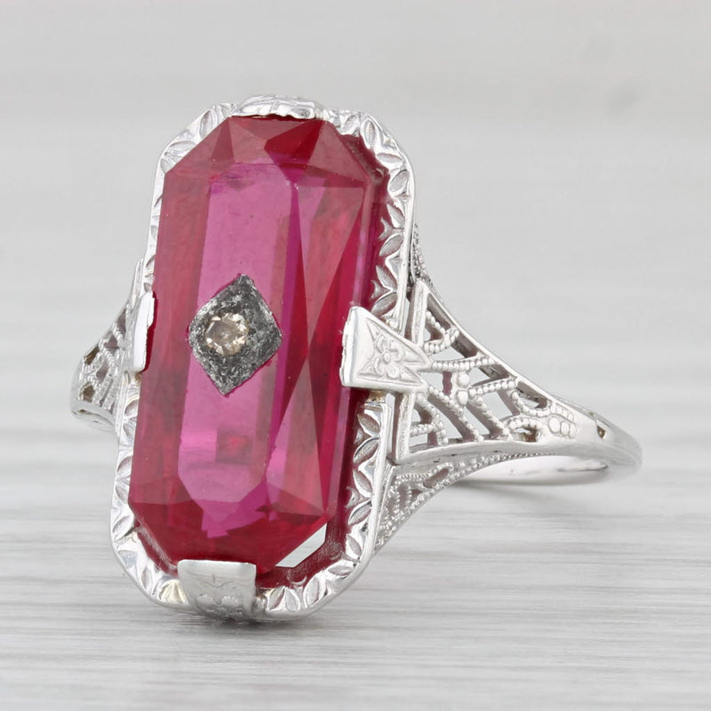 Light Gray Vintage Lab Created Ruby Diamond Signet Ring 14k White Gold Filigree Size 6.5