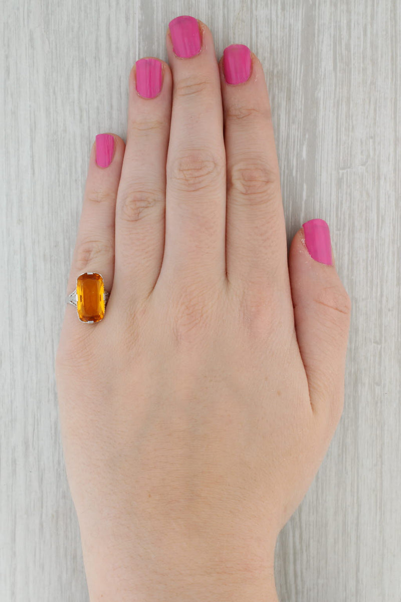 Orange Yellow Glass Ring Vintage Filigree 14k White Gold Size 6