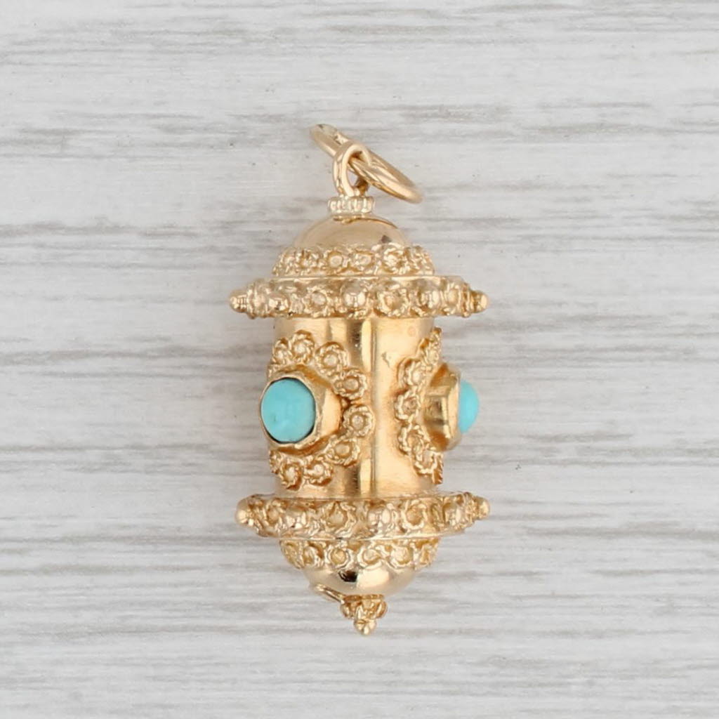 Gray Vintage Etruscan Style Ornate Lantern Charm 18k Yellow Gold Imitation Turquoise