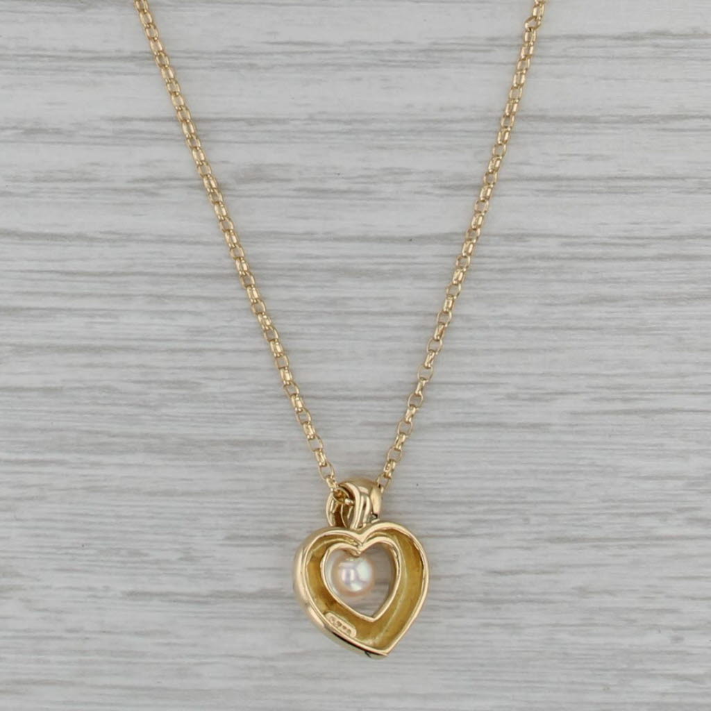 Mikimoto Cultured Pearl Heart Pendant Necklace 18k Yellow Gold 18" Cable Chain