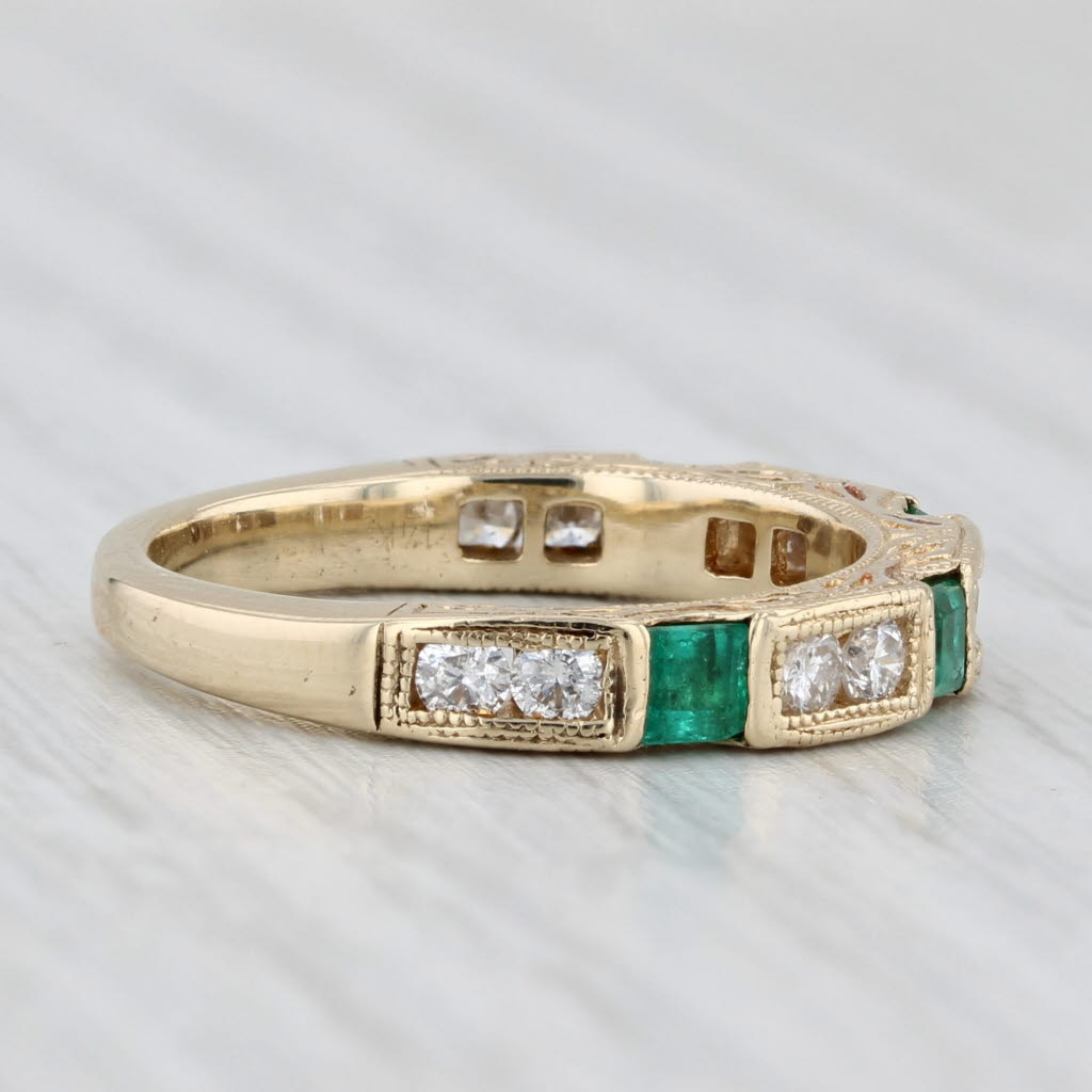 Light Gray 0.62ctw Emerald Diamond Ornate Ring 14k Yellow Gold Wedding Stackable Band