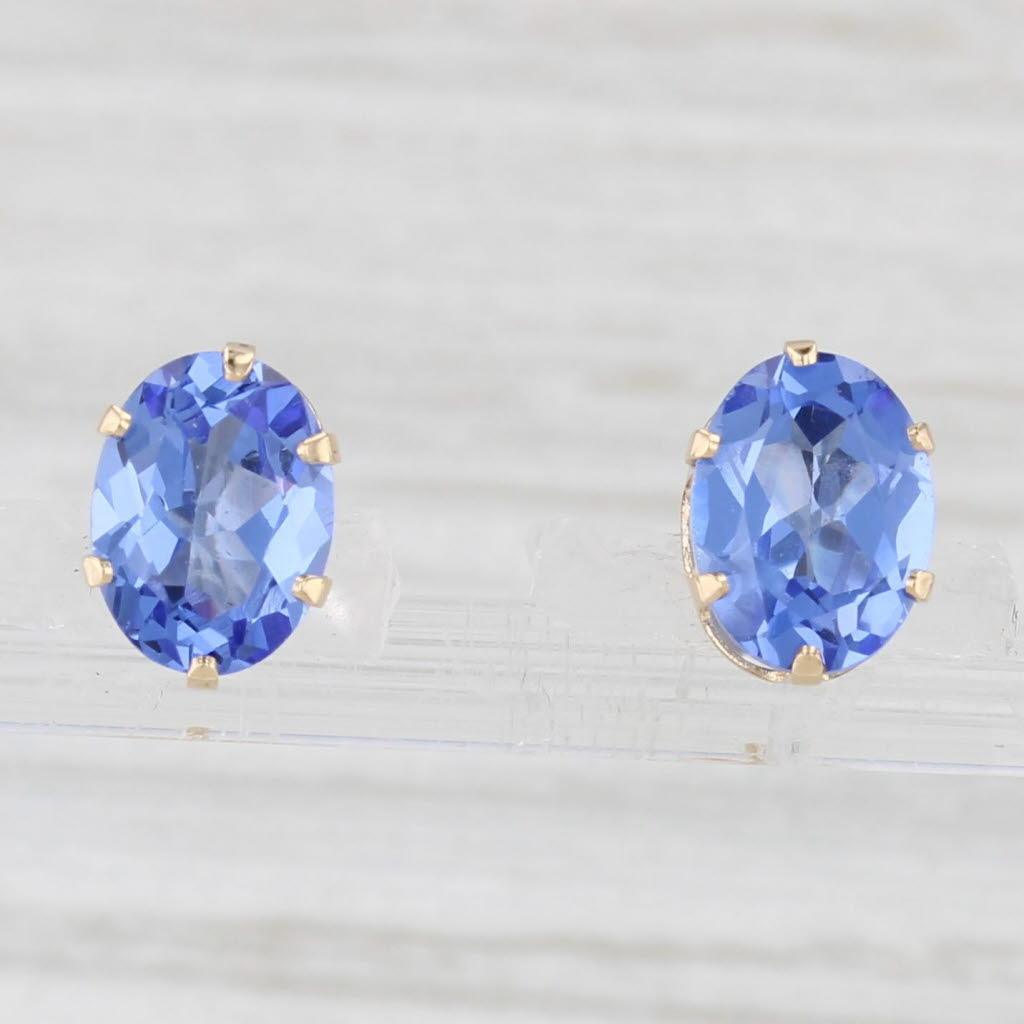 Light Gray Blue Glass Solitaire Stud Earrings 14k Yellow Gold Oval Solitaire Studs