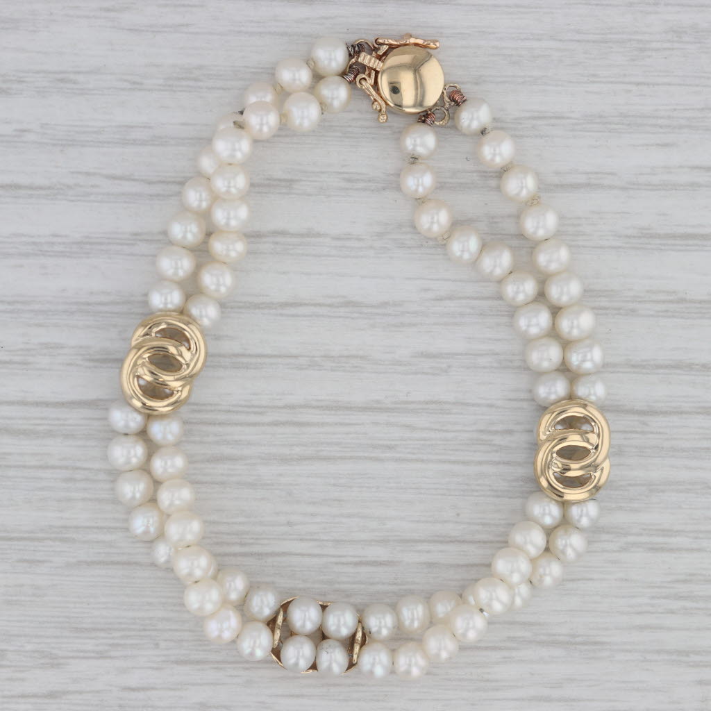 Gray Cultured Pearl Double Strand Bracelet 14k Yellow Gold Knot Accents 7.25"
