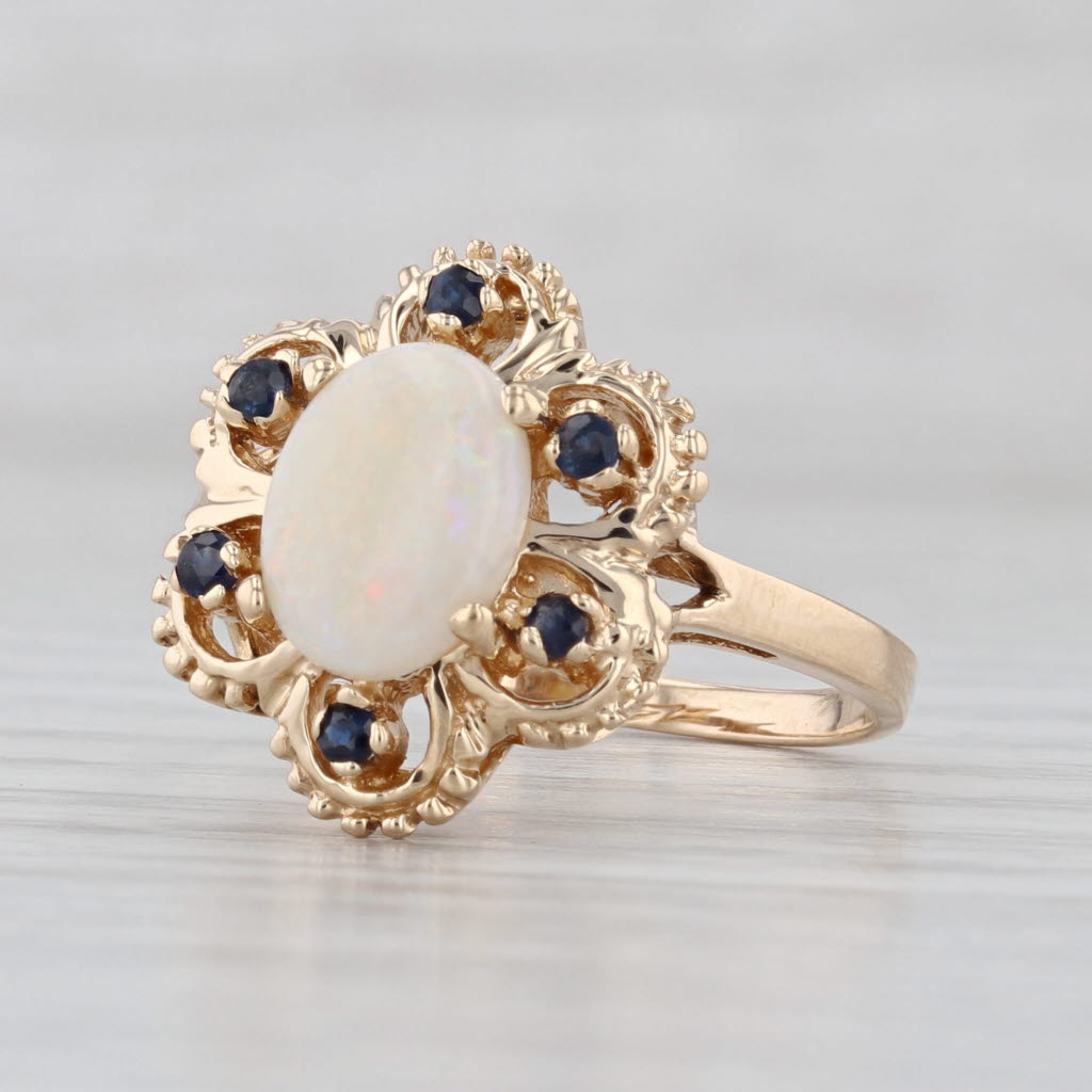 Opal Blue Sapphire Halo Flower Ring 14k Yellow Gold Size 7.75